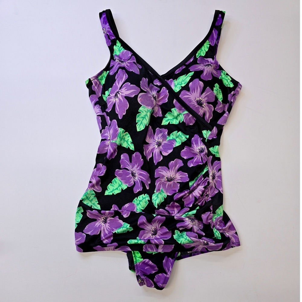 Mainstream Vintage Purple Floral One Piece Swimsuit Ruched Surplice‎ Size 12